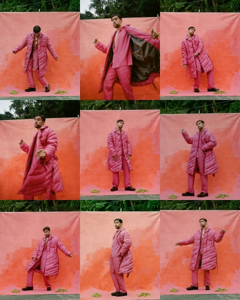 Nine photos of Bad Bunny standing in front of a peach backdrop outside wearing a pink puffer jacket and pink pants...