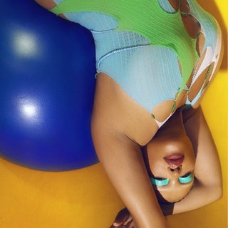 Three side by side images of a woman laying on a blue workout ball wearing a tight blue and green leotard in front of a yellow background