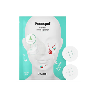 Dr. Jart Focuspot Blemish Micro Tip Patch in a green plastic packet on a white background