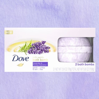 three bath soak products on a purple background 